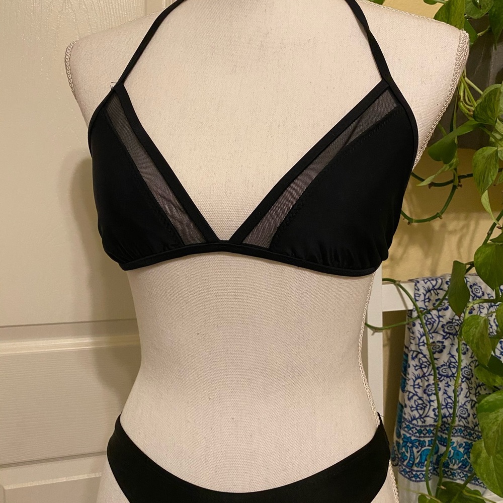 Black mesh trim swim suit triangle top